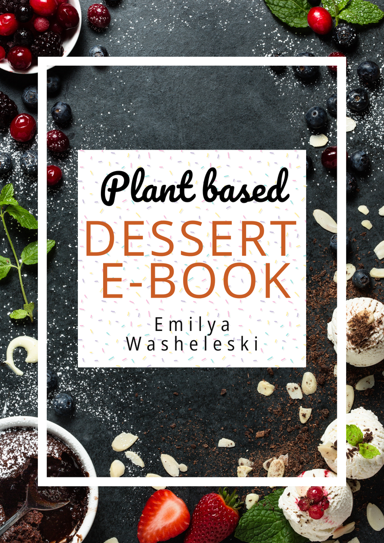 Plant-based dessert e-book cover with berries and desserts on a dark background